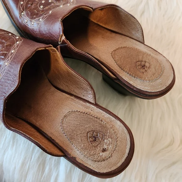 Ariat Brown Leather Block Heel Point Toe Wedge Slip On Mule Shoes - Picture 9 of 10